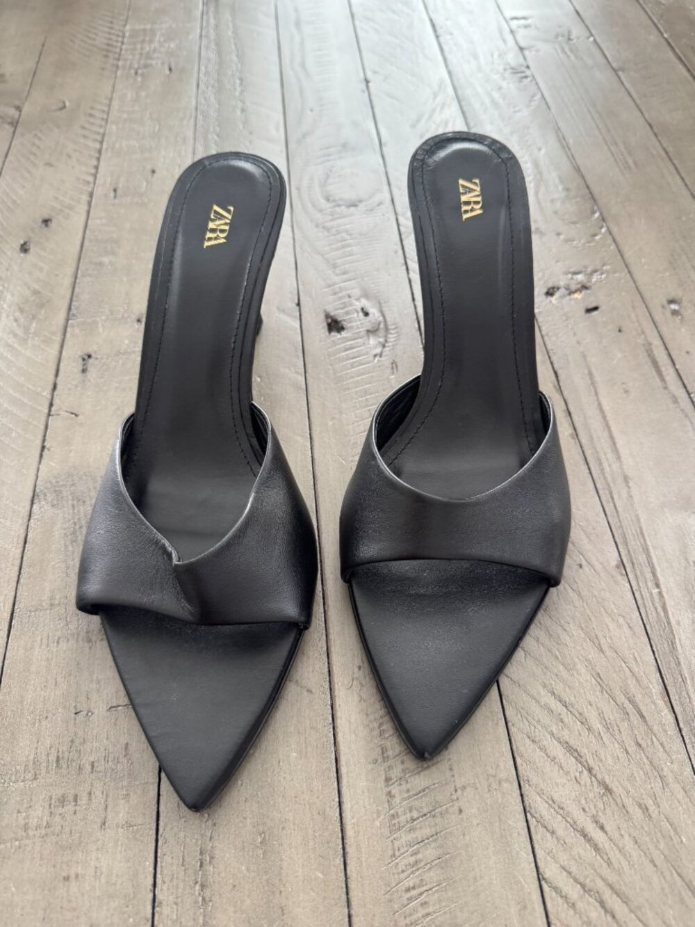 ZARA Black Leather Open Pointed Mule Heeled Sandals Size 40 10 - Picture 3 of 6